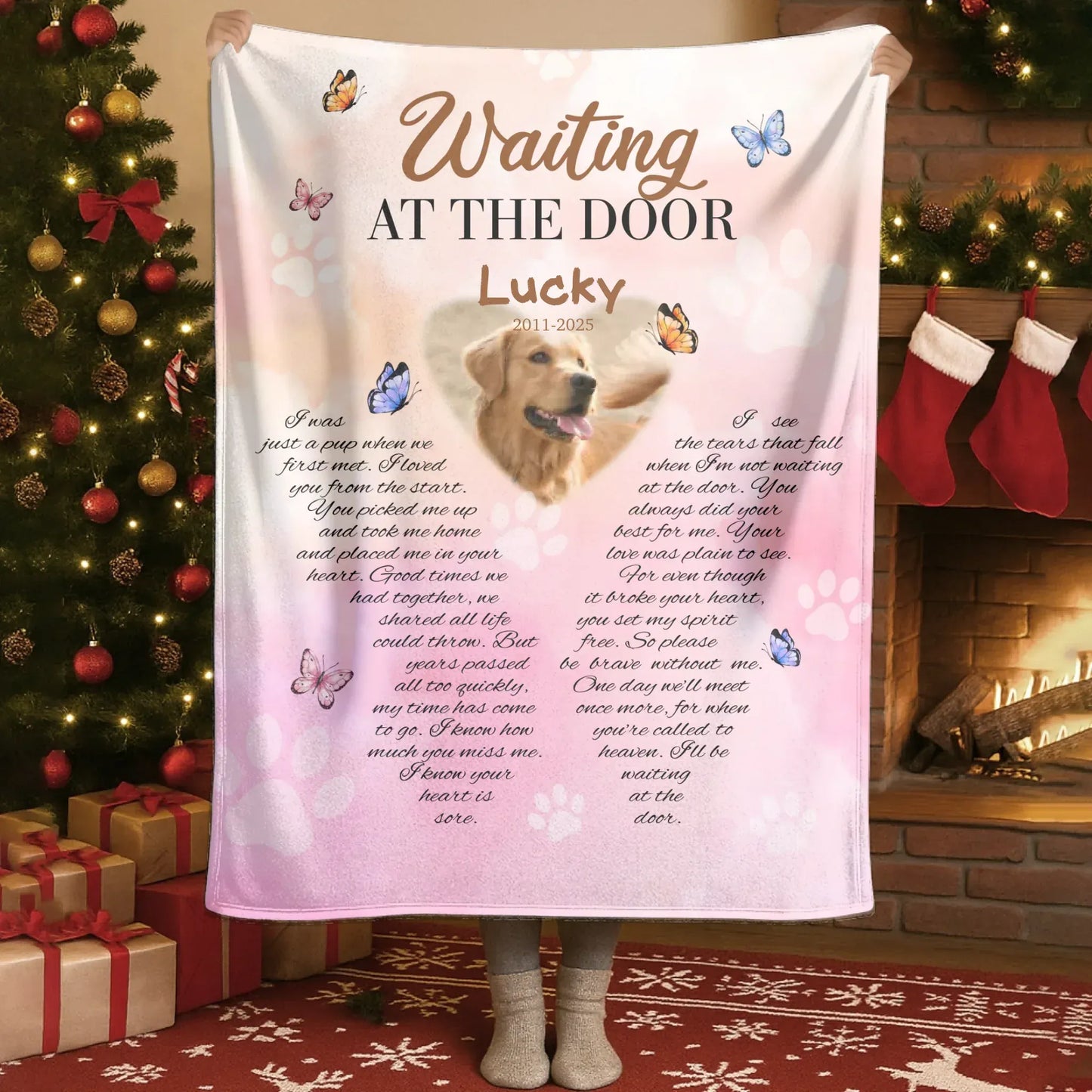 Personalized Blankets Waiting At The Door - Personalized Dog Memorial Photo Custom Blanket