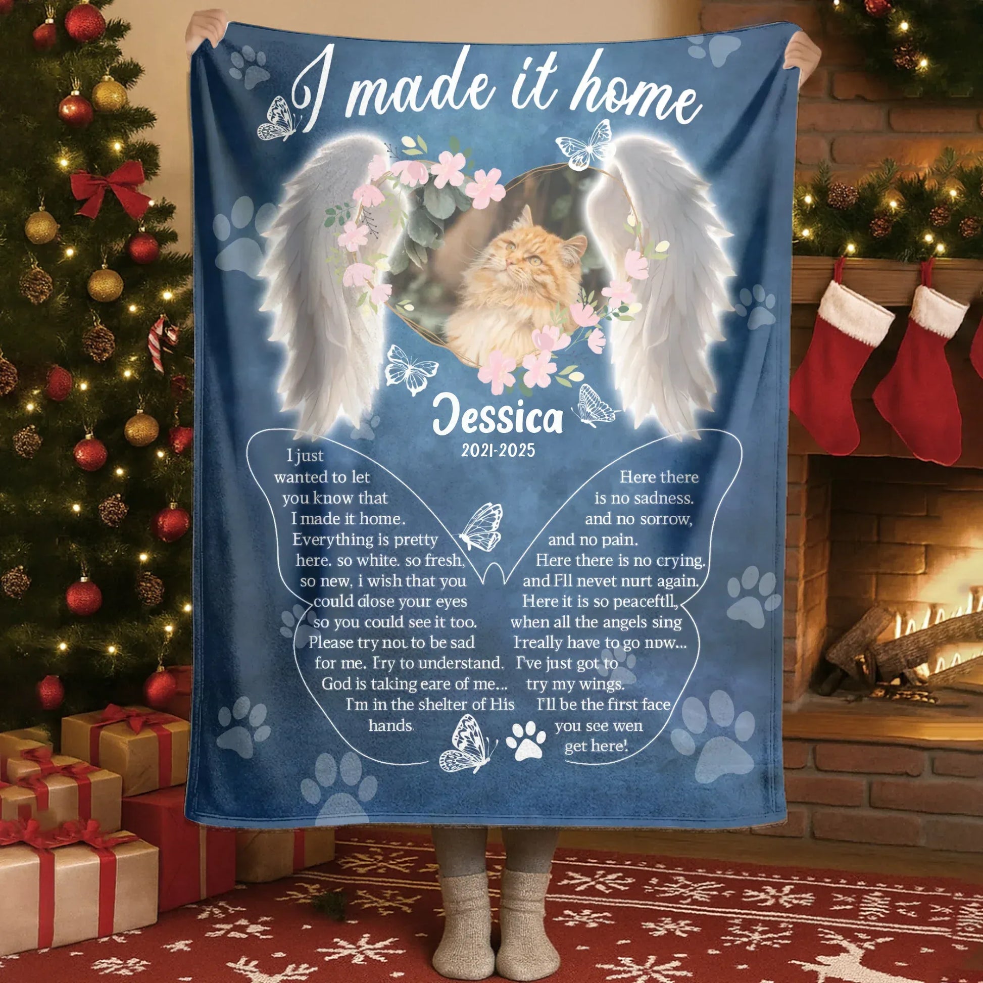 Personalized Blankets I Made It Home - Personalized Cat Memorial Angel Wings Photo Custom Blanket