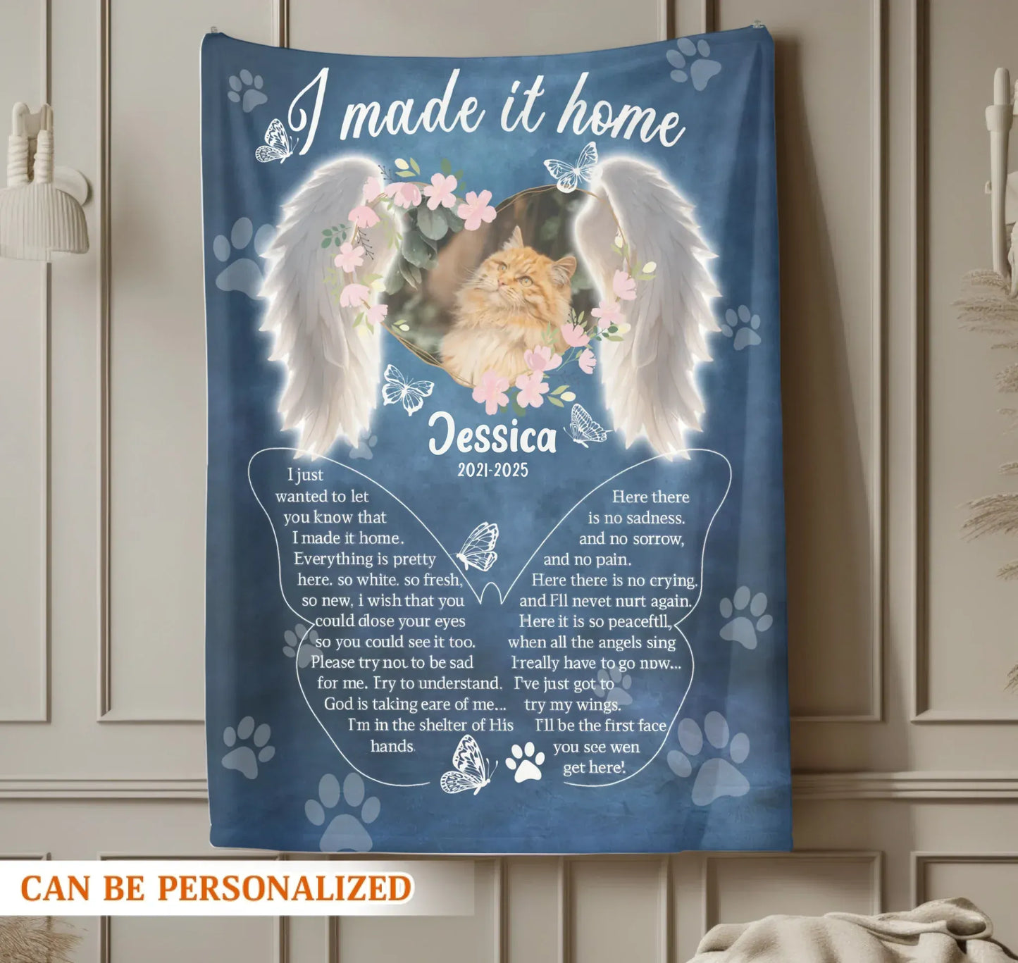 Personalized Blankets I Made It Home - Personalized Cat Memorial Angel Wings Photo Custom Blanket