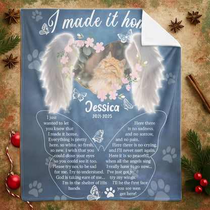 Personalized Blankets I Made It Home - Personalized Cat Memorial Angel Wings Photo Custom Blanket