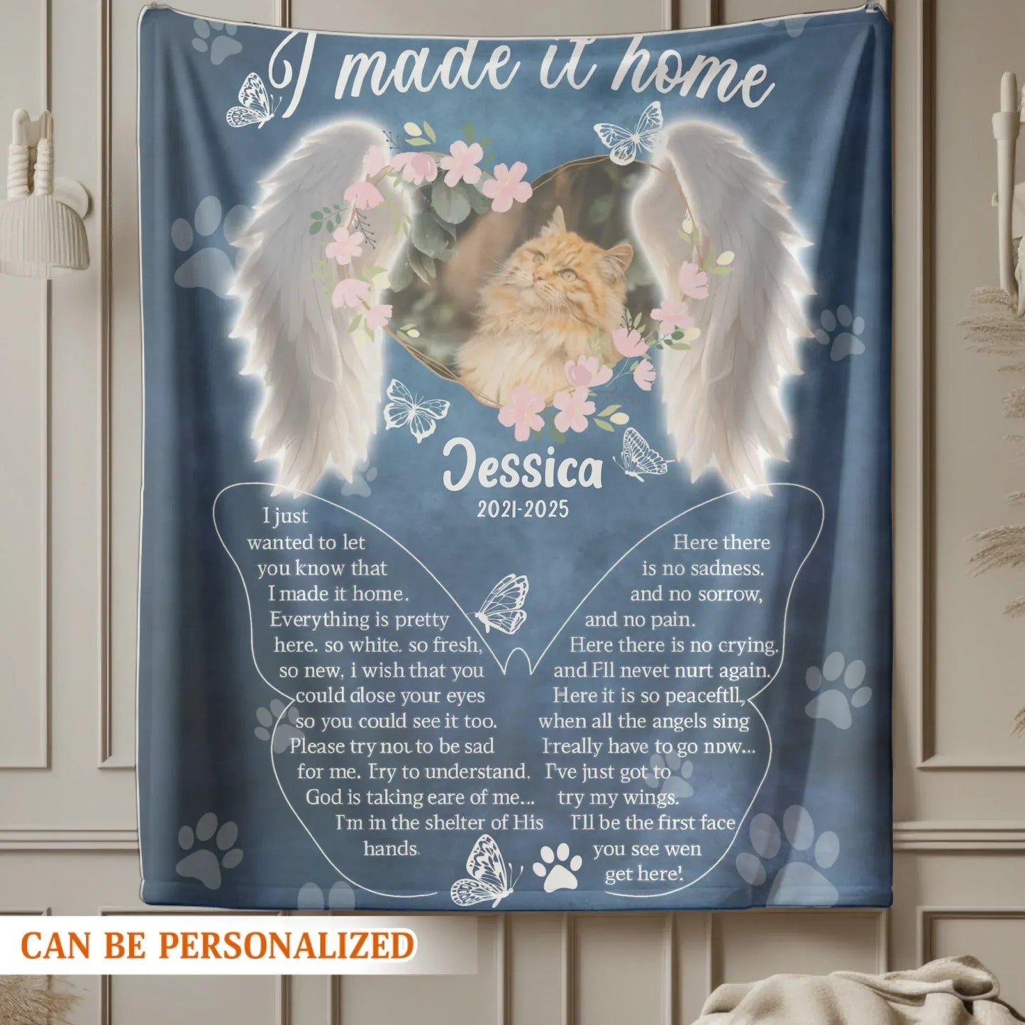 Personalized Blankets I Made It Home - Personalized Cat Memorial Angel Wings Photo Custom Blanket