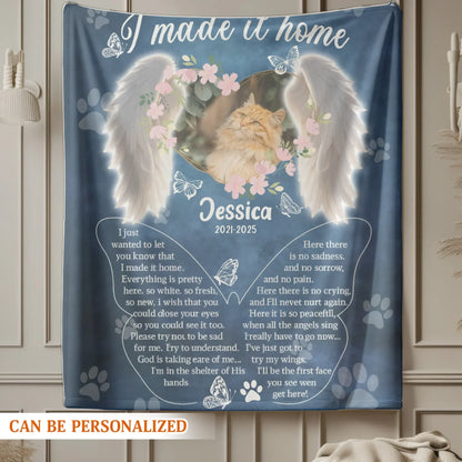 Personalized Blankets I Made It Home - Personalized Cat Memorial Angel Wings Photo Custom Blanket