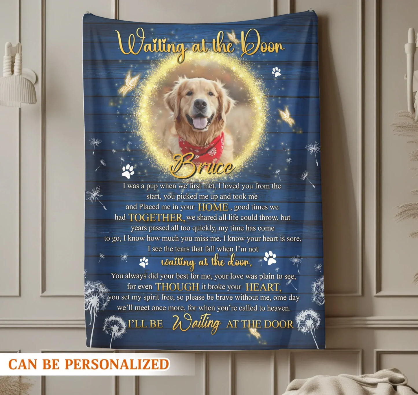 Personalized Blankets Waiting At The Door – Personalized Dog Sympathy Angel Photo Custom Blanket