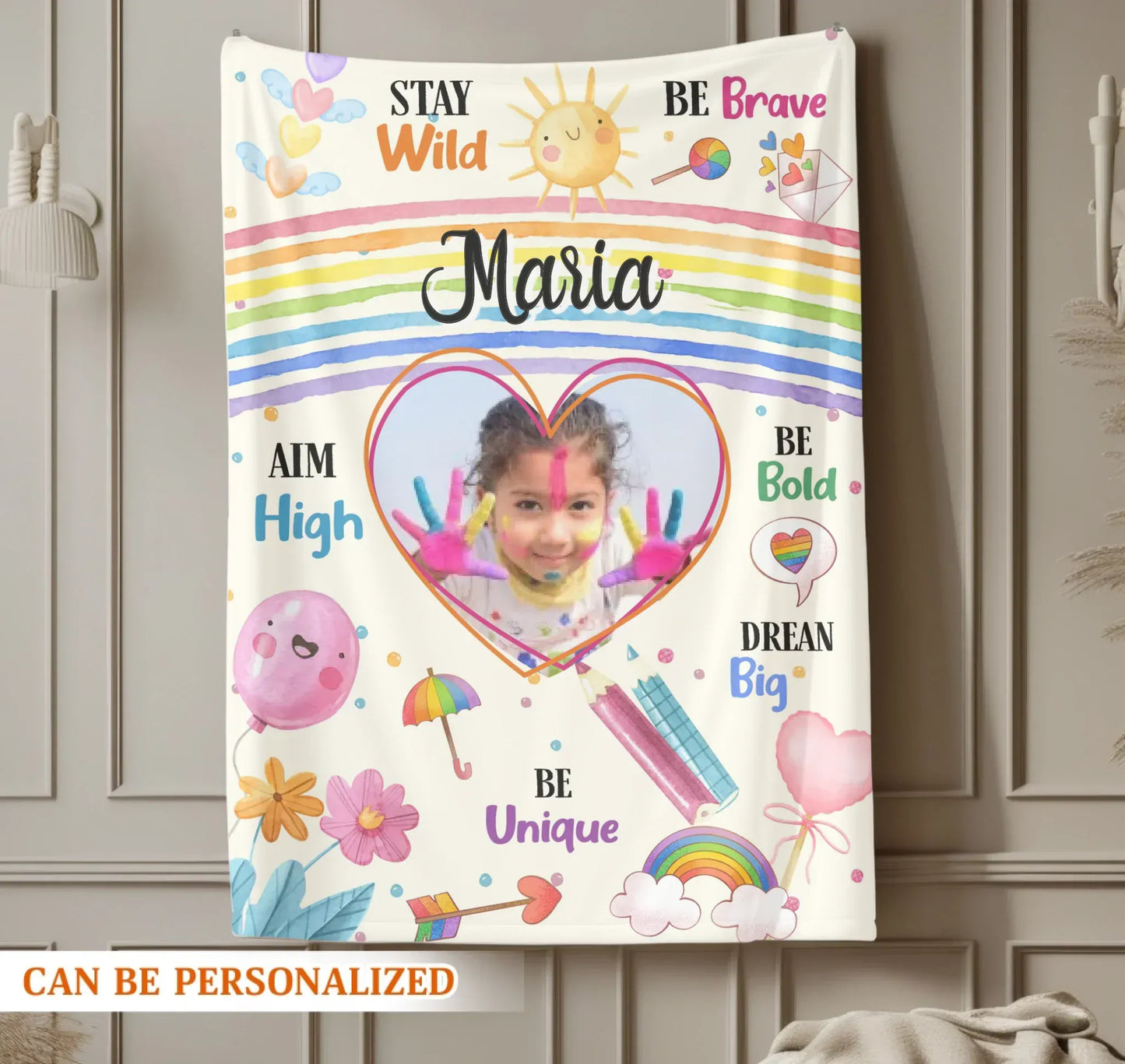 Be Brave Be Bold Be Unique - Personalized Photo Rainbow Kids Colorful Blanket