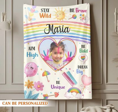Be Brave Be Bold Be Unique - Personalized Photo Rainbow Kids Colorful Blanket