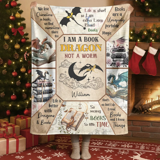 Blanket - Thanh Dang / White / 30x40in / 76x101cm I Am A Book Dragon Not A Worm - Personalized Books Lover Custom Blanket