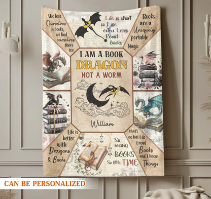 I Am A Book Dragon Not A Worm - Personalized Books Lover Custom Blanket