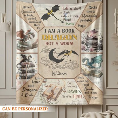 I Am A Book Dragon Not A Worm - Personalized Books Lover Custom Blanket