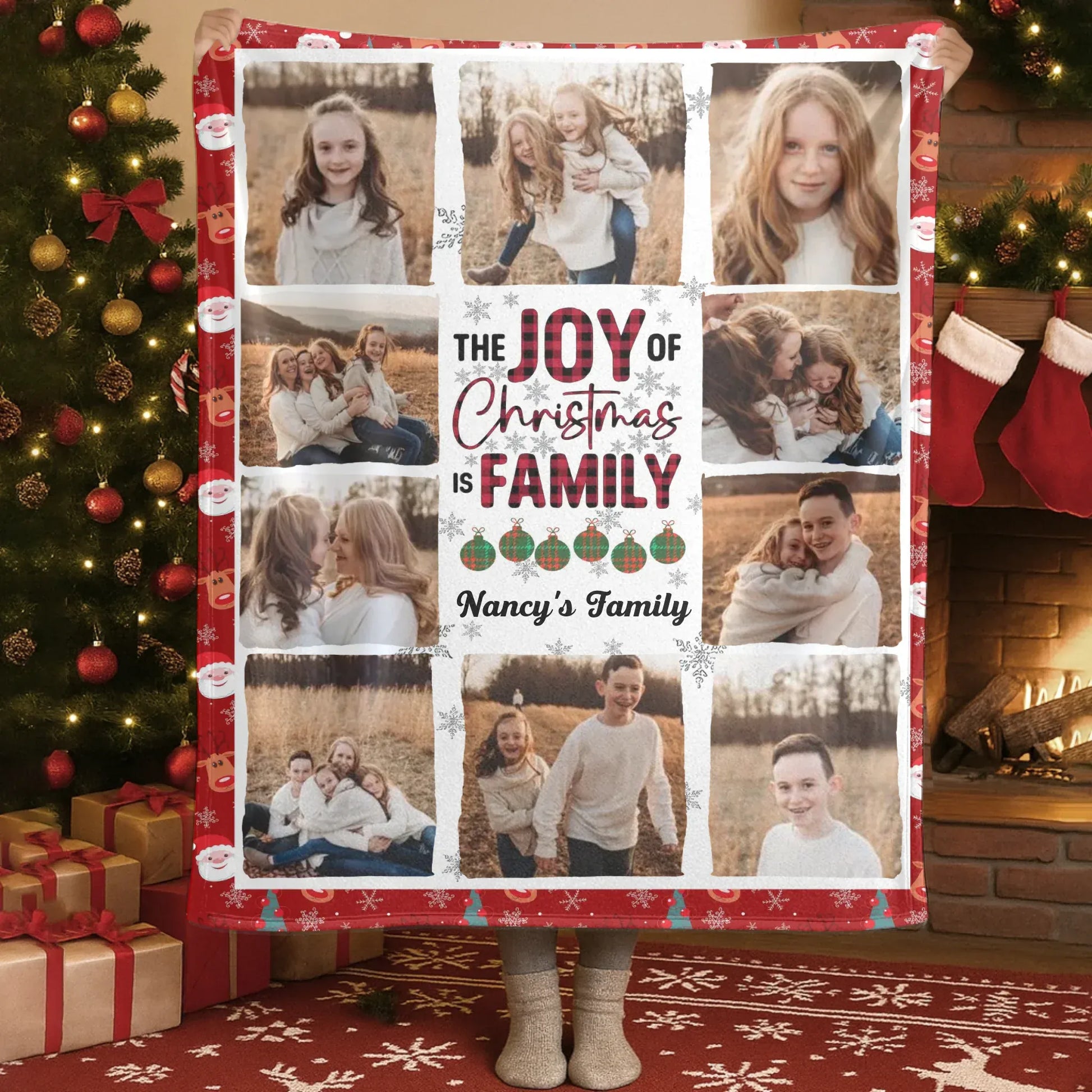The Joy Of Christmas Is Family - Personalized Family Multi Photo Custom Blanket