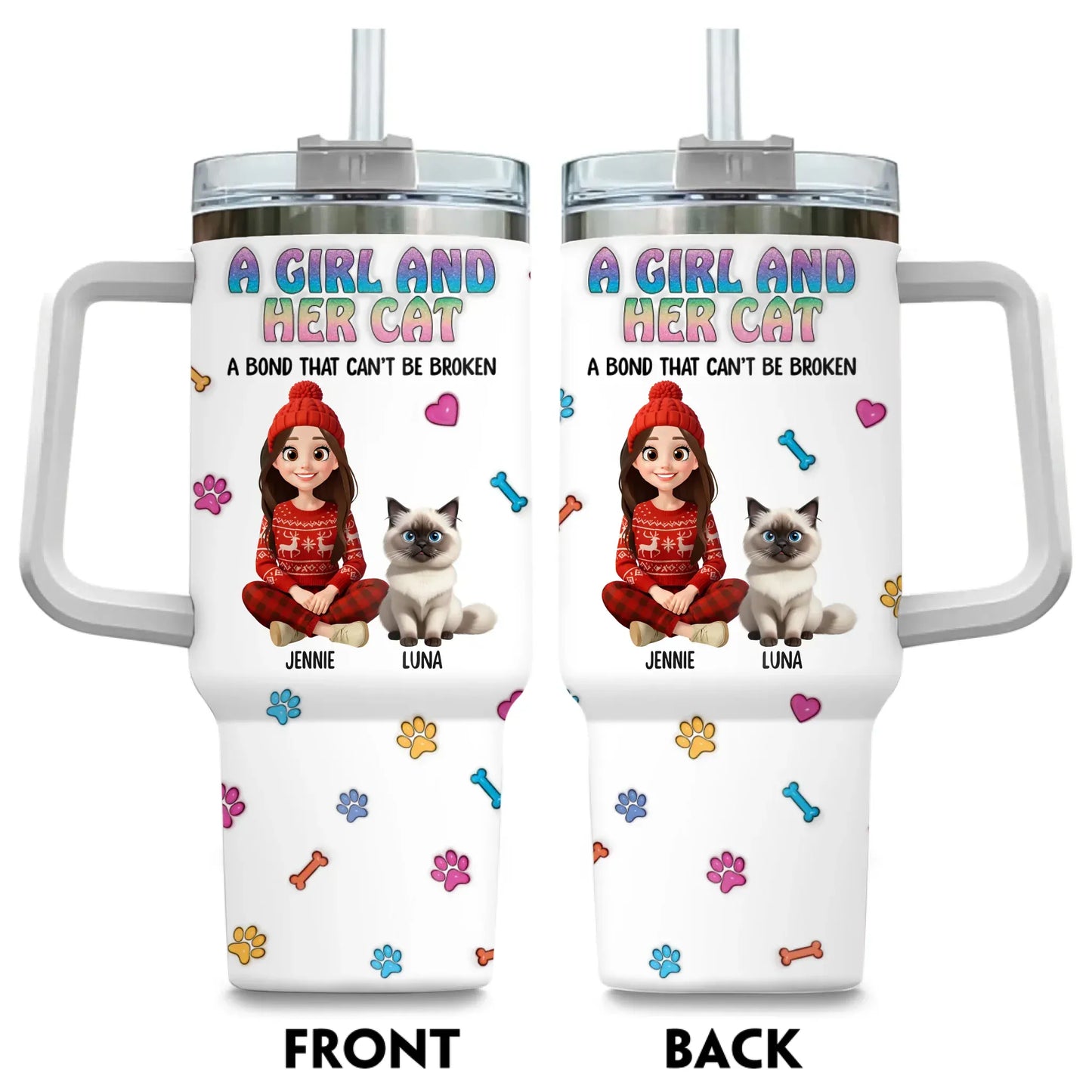 Personalized Tumblers TUMBLER / WHITE / 40oz A Girl and Her Cat - Personalized Custom Printed Tumbler