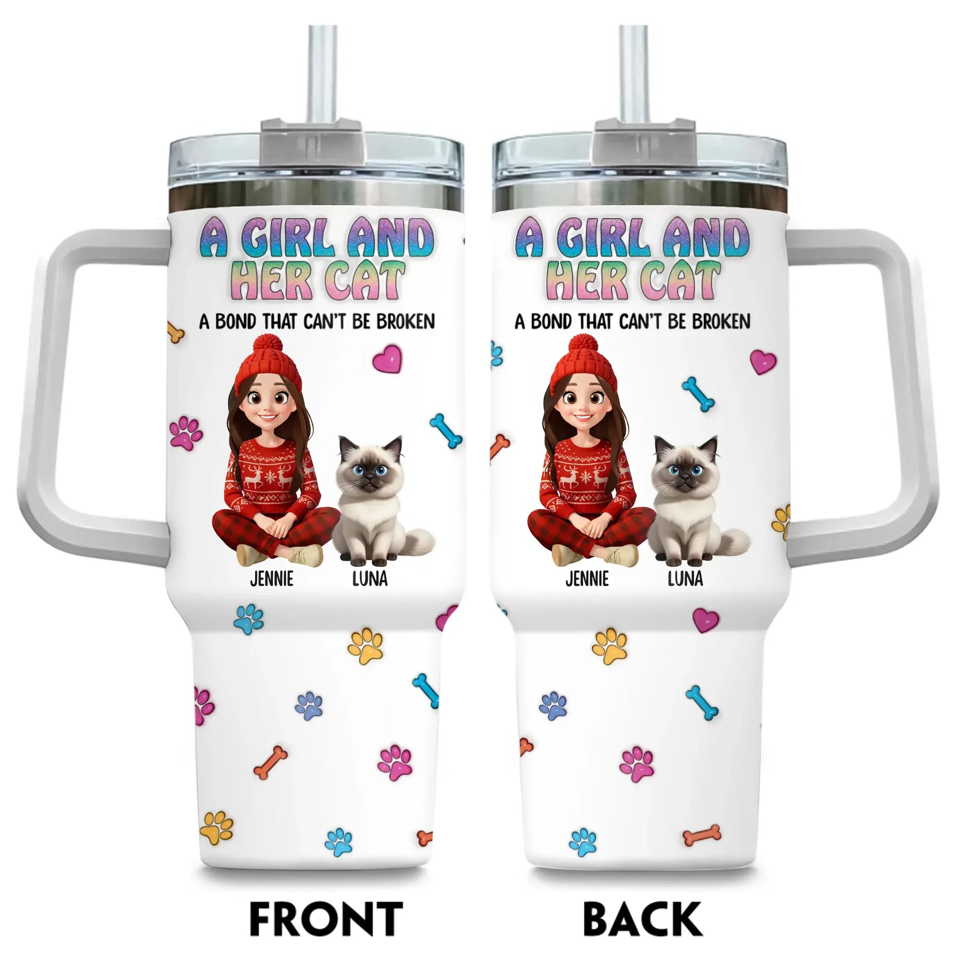 Personalized Tumblers TUMBLER / WHITE / 40oz A Girl and Her Cat - Personalized Custom Printed Tumbler