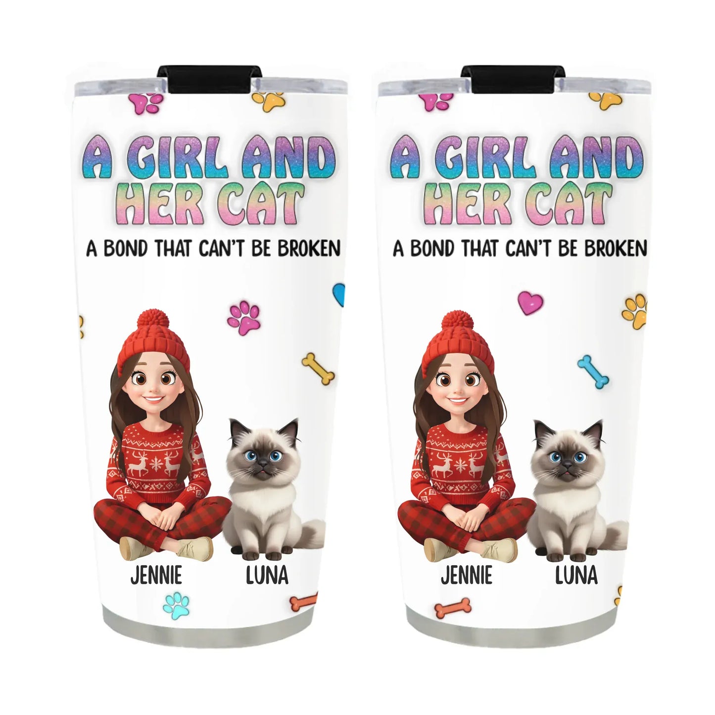 Personalized Tumblers TUMBLER / WHITE / 20oz A Girl and Her Cat - Personalized Custom Printed Tumbler
