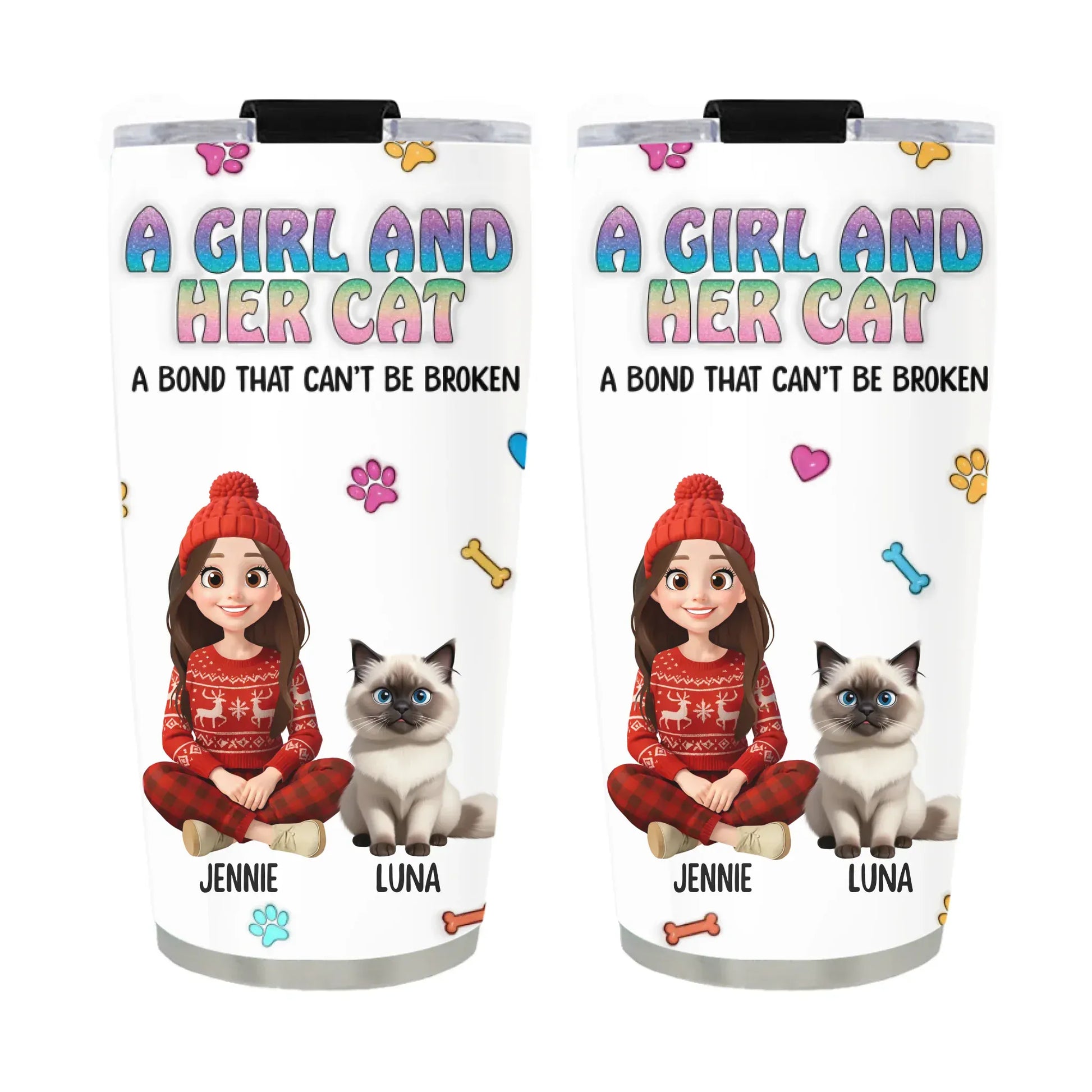 Personalized Tumblers TUMBLER / WHITE / 20oz A Girl and Her Cat - Personalized Custom Printed Tumbler
