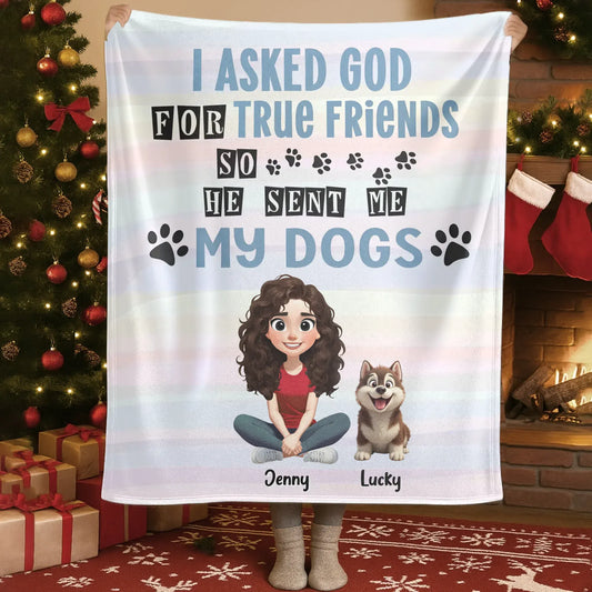 Blanket Custom KNT / White / 30x40in / 76x101cm I Asked God For True Friends - Personalized Girl & Multiple Dog Custom Blanket