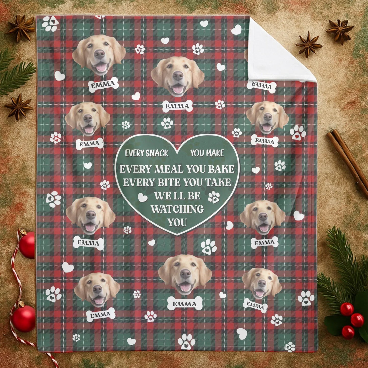 Custom Christmas Dog Blanket – Personalized Pet Photo Tartan Plaid Gift
