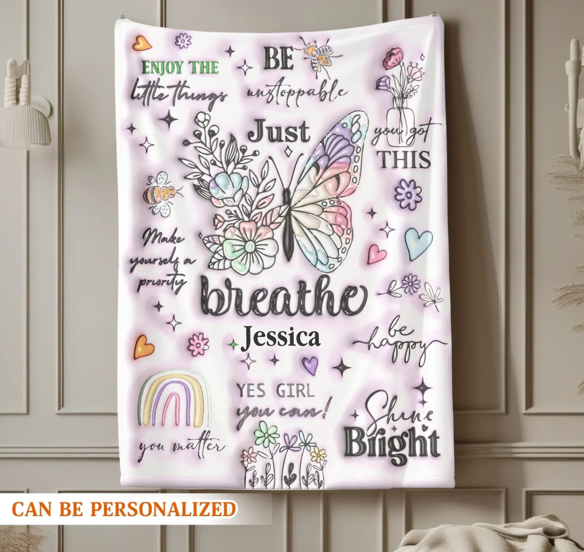Just Breathe - Personalized Name Butterfly Motivational Custom Throw Gift