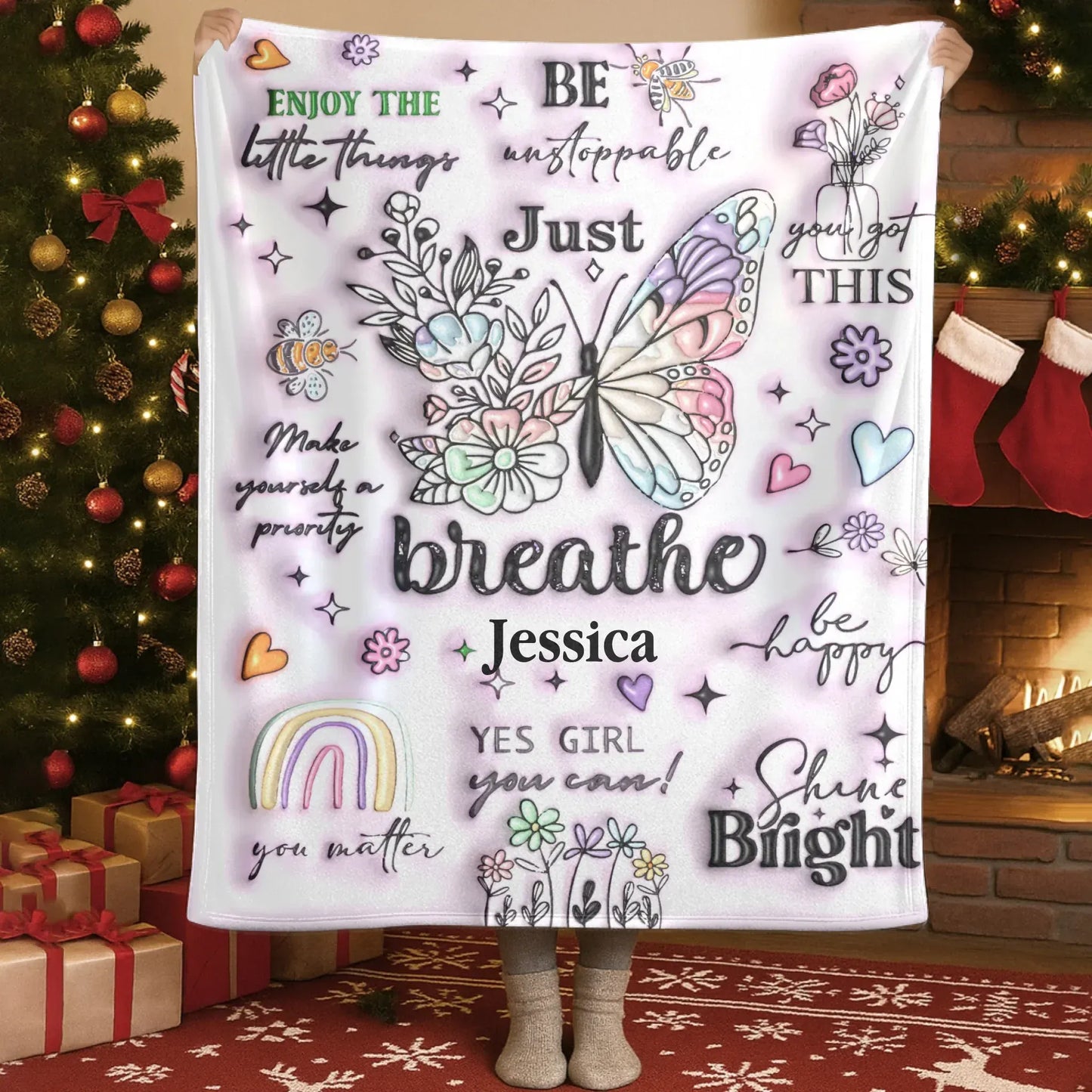 Blanket Custom KNT / White / 30x40in / 76x101cm Just Breathe - Personalized Name Butterfly Motivational Custom Throw Gift