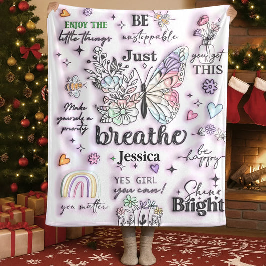 Blanket Custom KNT / White / 30x40in / 76x101cm Just Breathe - Personalized Name Butterfly Motivational Custom Throw Gift