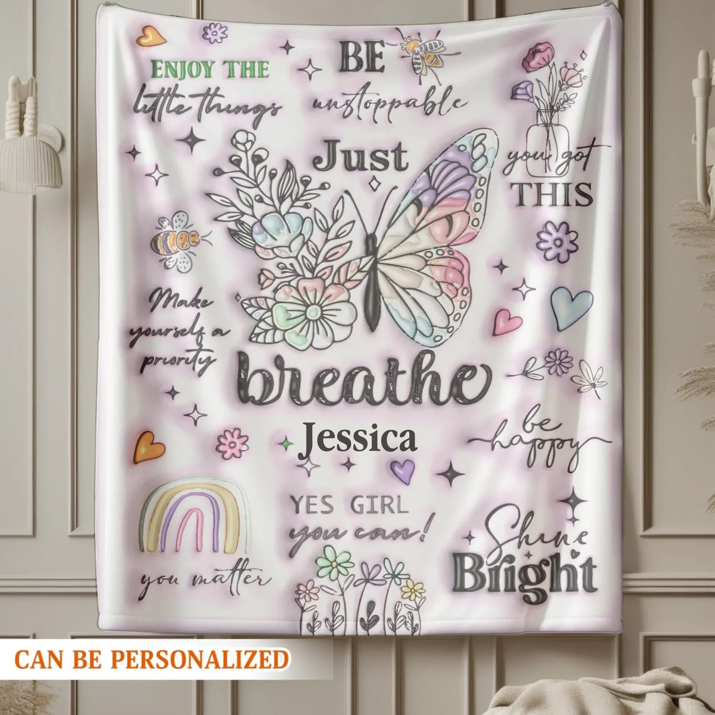 Just Breathe - Personalized Name Butterfly Motivational Custom Throw Gift
