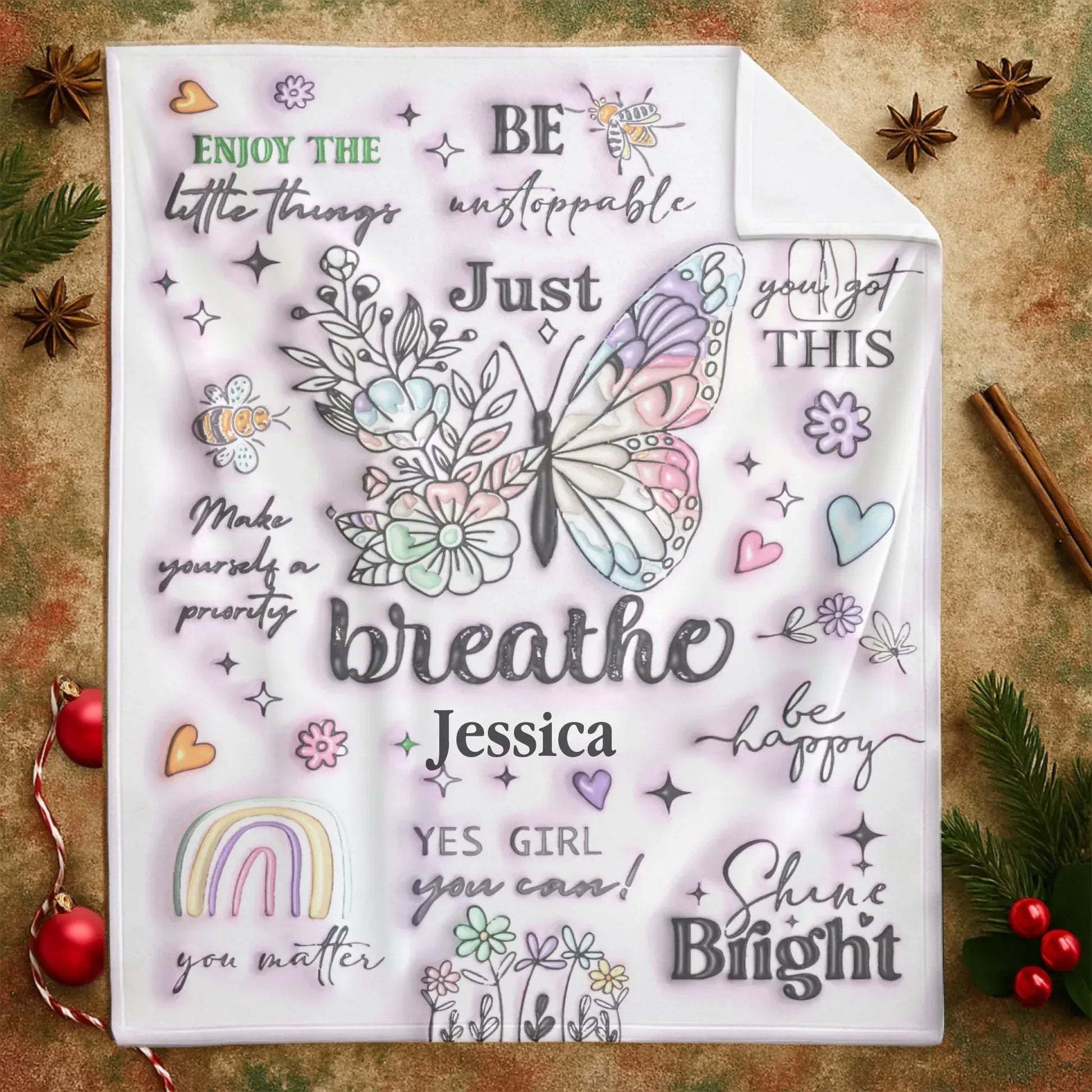 Just Breathe - Personalized Name Butterfly Motivational Custom Throw Gift
