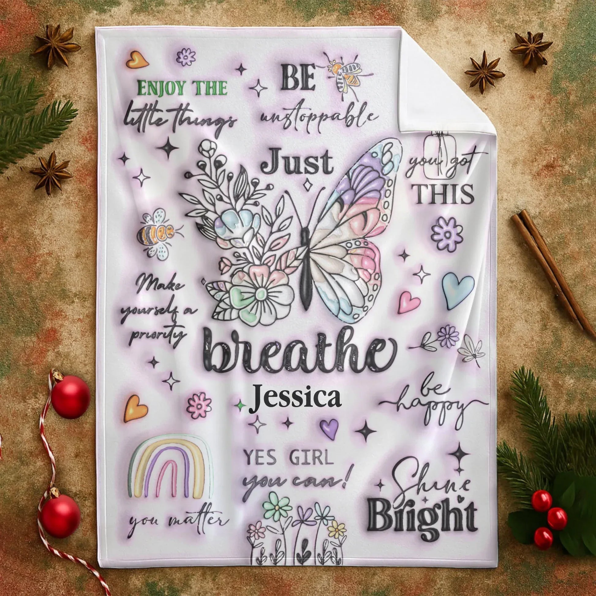 Just Breathe - Personalized Name Butterfly Motivational Custom Throw Gift