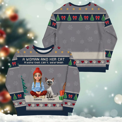 A Woman and Her Cat, A Bond That Can't Be Broken - Personalized Cat Lovers Custom All-Over-Print Sweatshirt