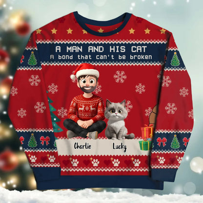 SWEATER - Blank / White / S A Man and His Cat, A Bond That Can't Be Broken - Personalized Cat Lovers Custom All-Over-Print Sweatshirt