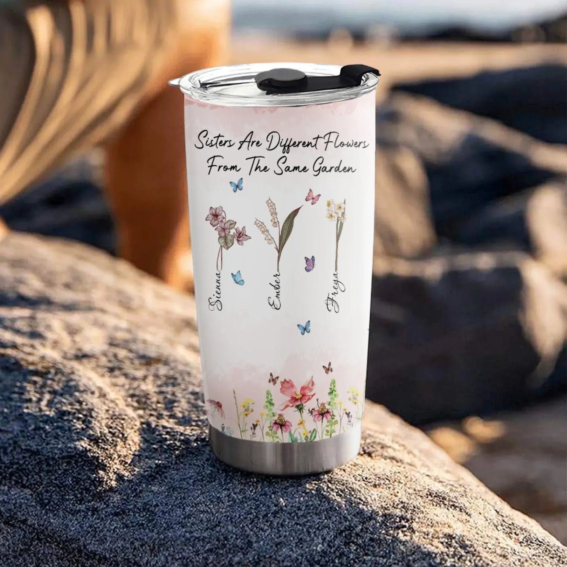 Personalized Tumblers Sisters Are Different Flowers From The Same Garden - Sisters Garden - Personalized Birth Month Flower Tumbler