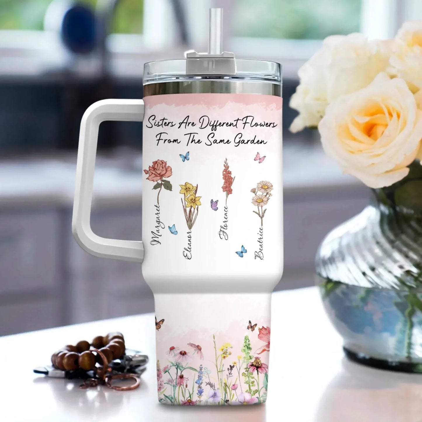 Personalized Tumblers Sisters Are Different Flowers From The Same Garden - Sisters Garden - Personalized Birth Month Flower Tumbler