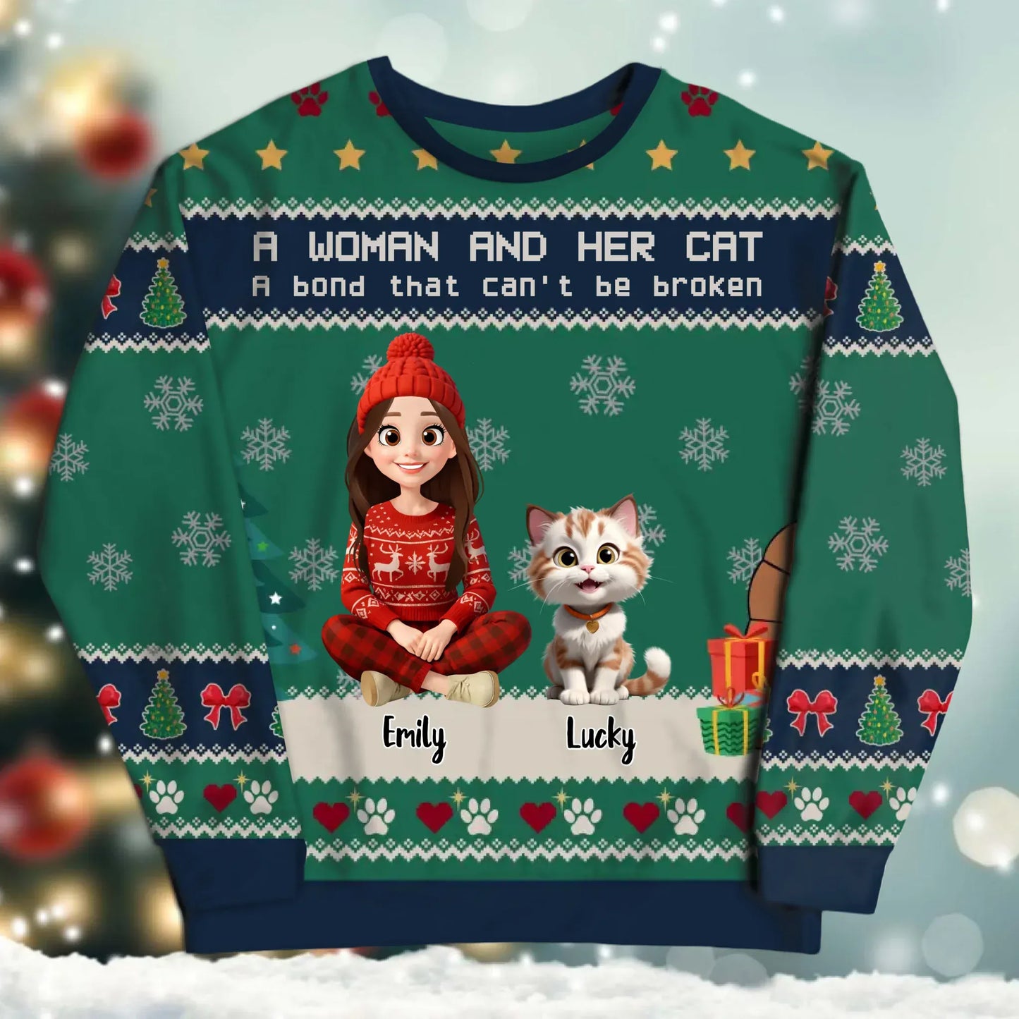 SWEATER - Blank / White / S A Woman and Her Cat, A Bond That Can't Be Broken - Personalized Cat Lovers Custom All-Over-Print Sweatshirt