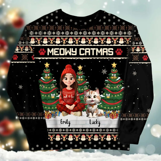 SWEATER - Blank / White / S Meowy Catmas Holiday - Personalized Cat Lovers Custom All-Over-Print Sweatshirt