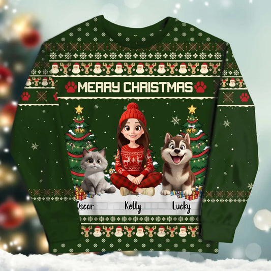 SWEATER - Blank / White / S Merry Xmas With My Beloved Pet - Personalized Pet Lovers Custom All-Over-Print Sweatshirt
