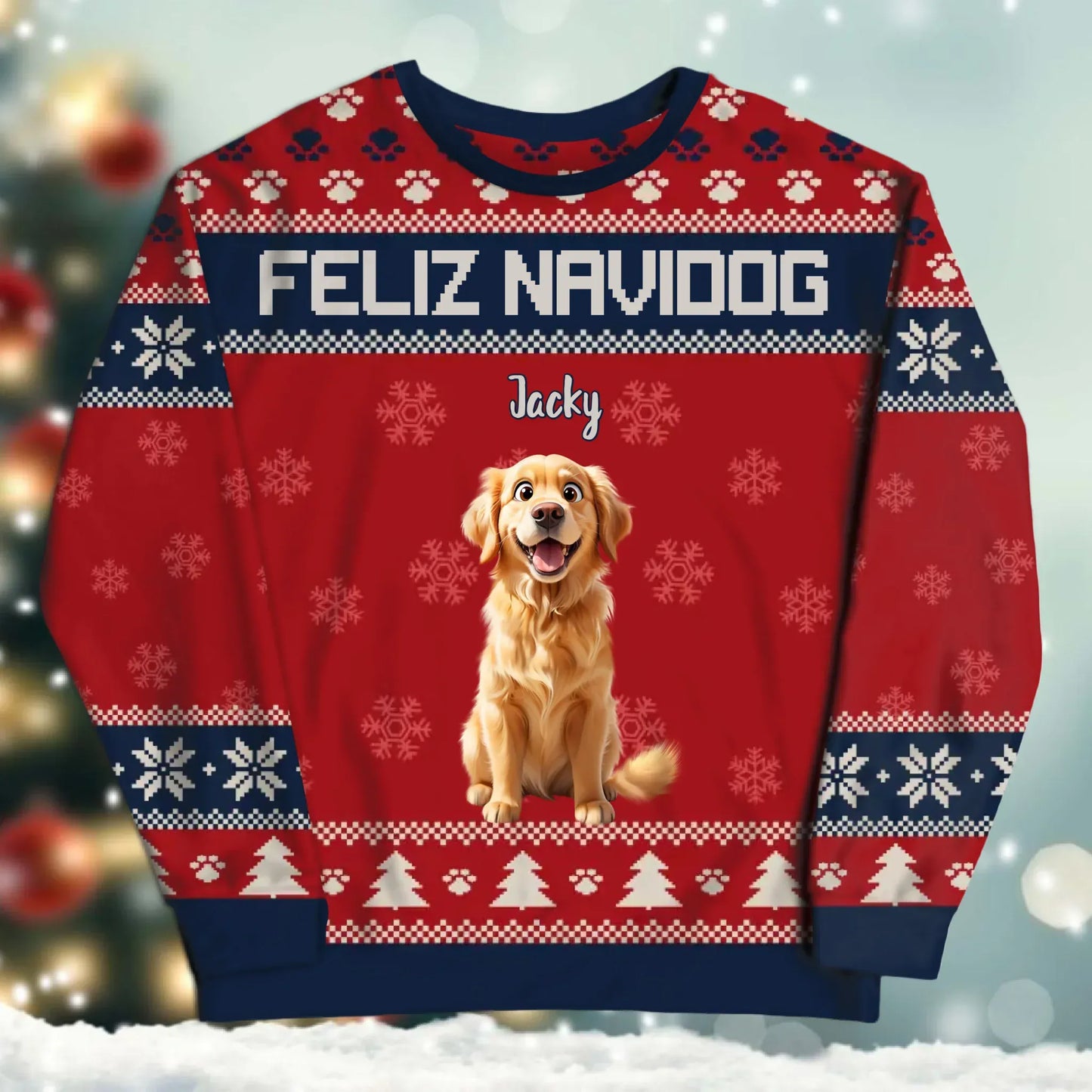 Personalized Sweatshirt SWEATER - Blank / White / S Feliz Navidog And Happiness - Personalized Dog Lovers Custom All-Over-Print Sweatshirt