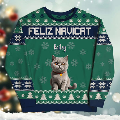Personalized Sweatshirt SWEATER - Blank / White / S Feliz Navicat And Happiness - Personalized Cat Lovers Custom All-Over-Print Sweatshirt