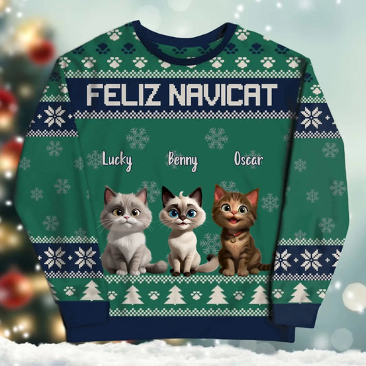 Personalized Sweatshirt Feliz Navicat And Happiness - Personalized Cat Lovers Custom All-Over-Print Sweatshirt
