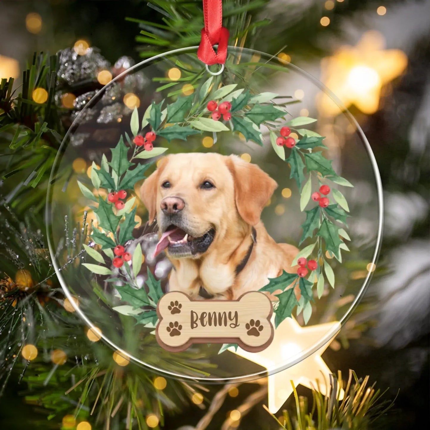 Personalized Ornaments Beloved Dog With Festive Wreath - Personalized Dog Photo Acrylic Ornament