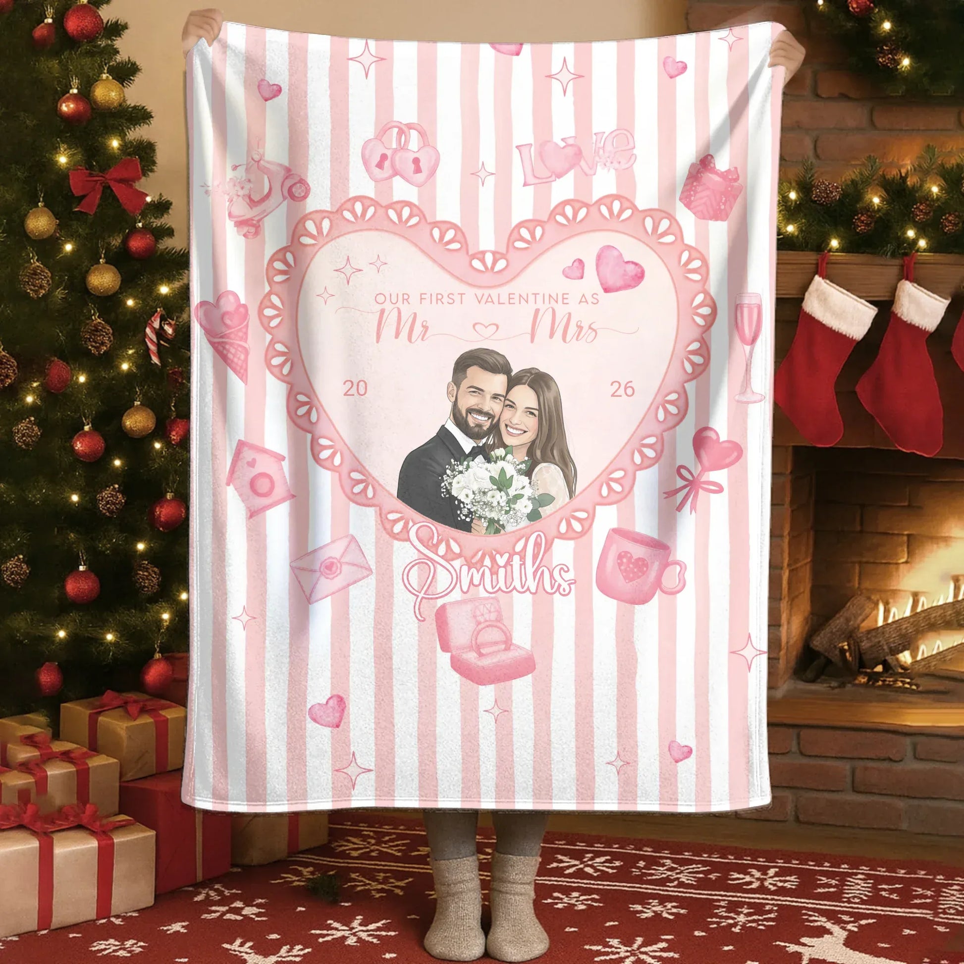 Blanket - TD / White / 30x40in / 76x101cm Our First Valentine As Mr and Mrs - Personalized Couple Water Color Style Photo Custom Blanket