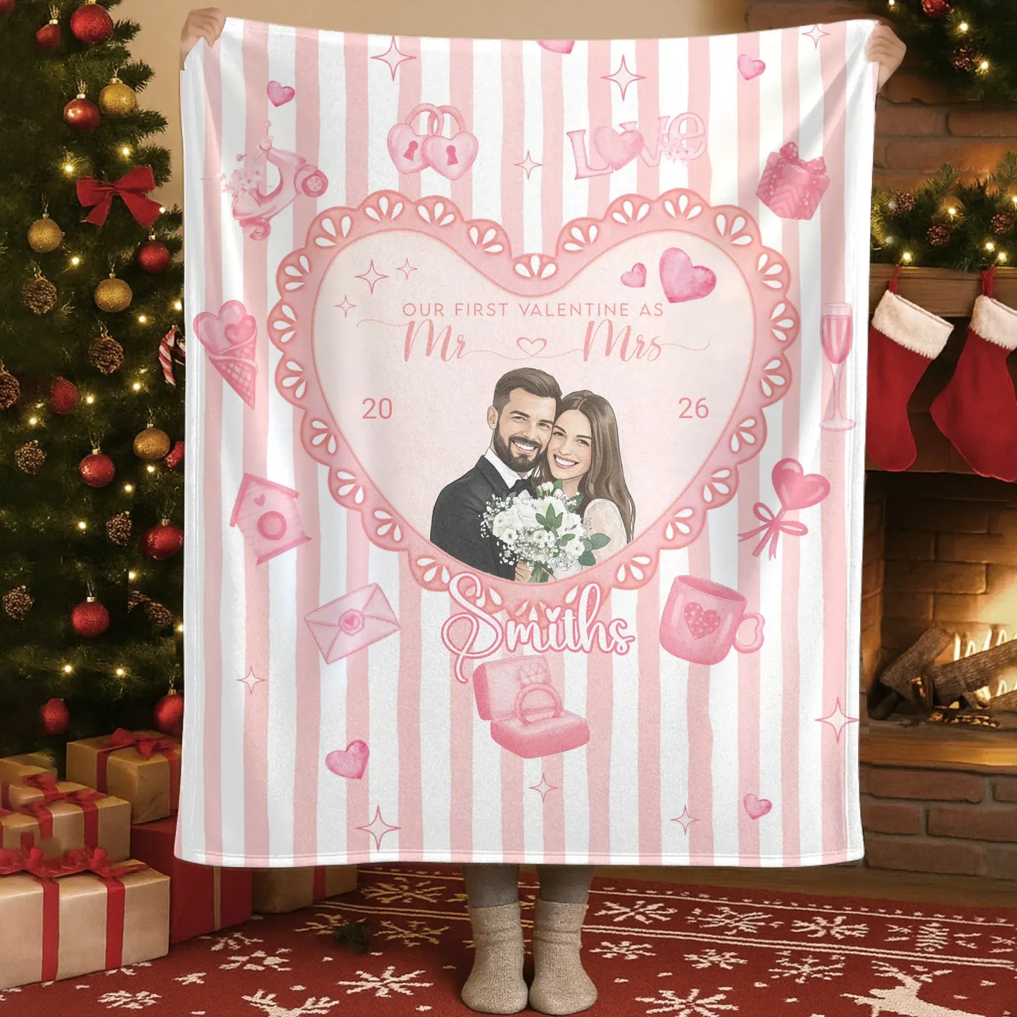 Our First Valentine As Mr and Mrs - Personalized Couple Water Color Style Photo Custom Blanket