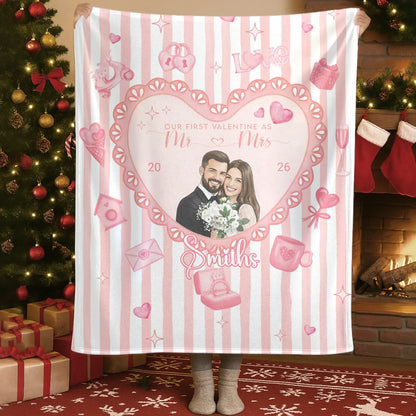 Our First Valentine As Mr and Mrs - Personalized Couple Water Color Style Photo Custom Blanket