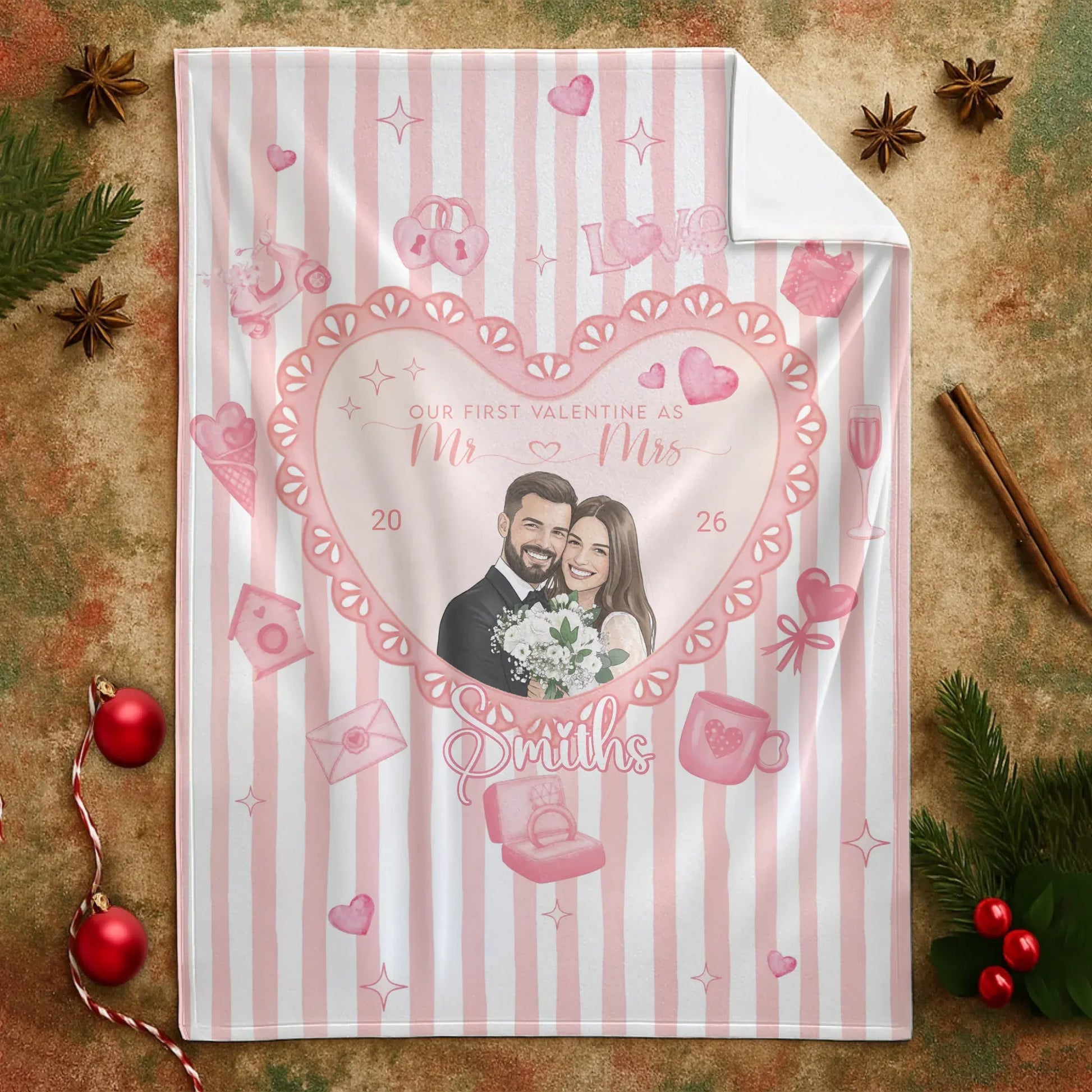 Our First Valentine As Mr and Mrs - Personalized Couple Water Color Style Photo Custom Blanket