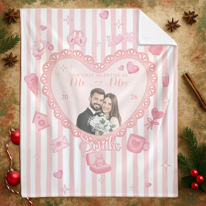 Our First Valentine As Mr and Mrs - Personalized Couple Water Color Style Photo Custom Blanket