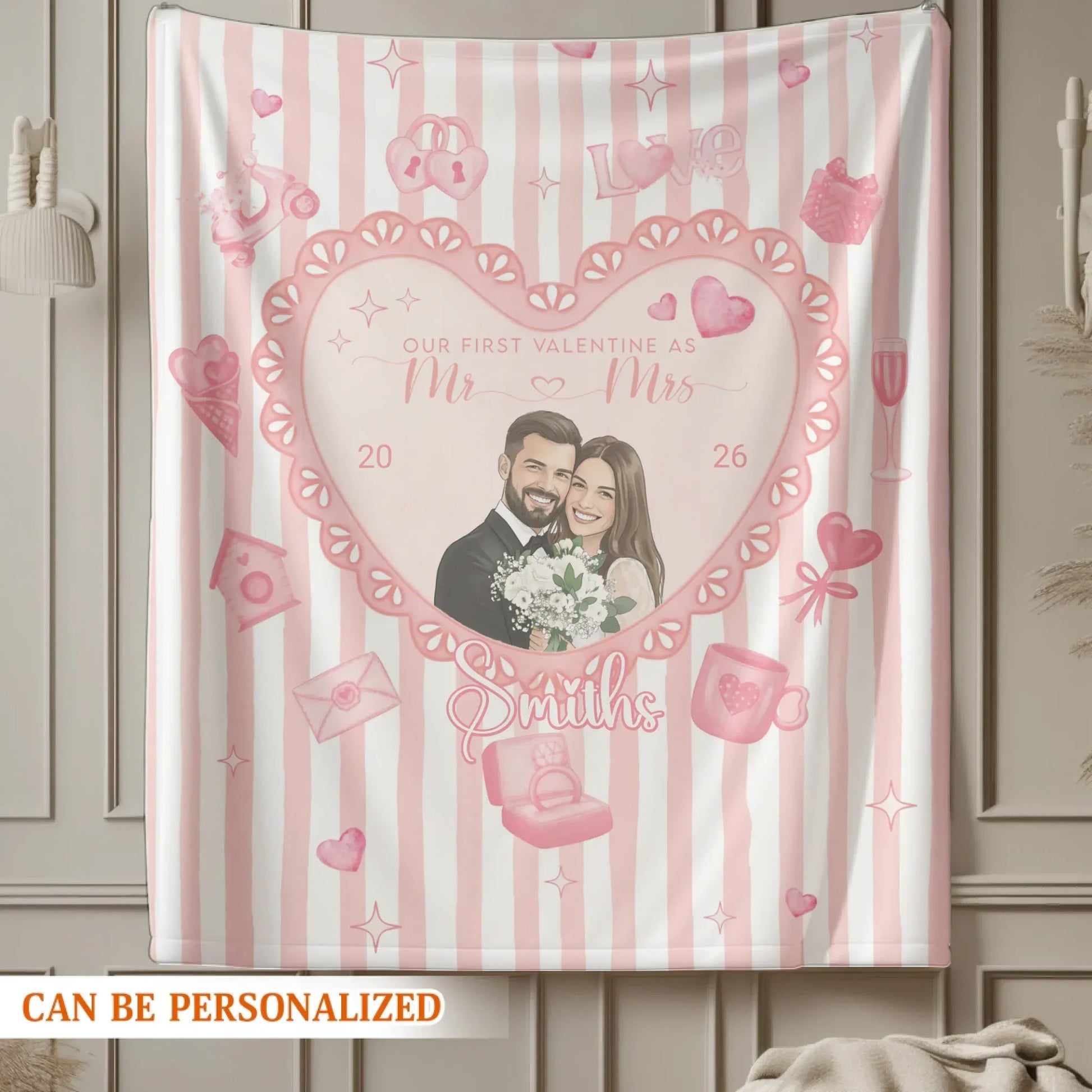 Our First Valentine As Mr and Mrs - Personalized Couple Water Color Style Photo Custom Blanket