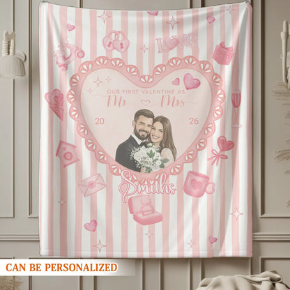 Our First Valentine As Mr and Mrs - Personalized Couple Water Color Style Photo Custom Blanket