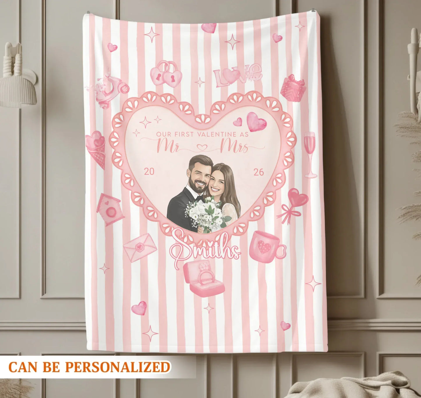 Our First Valentine As Mr and Mrs - Personalized Couple Water Color Style Photo Custom Blanket