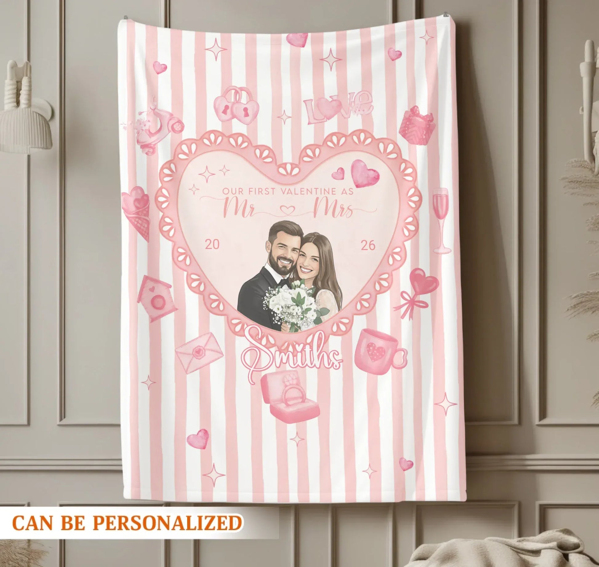 Our First Valentine As Mr and Mrs - Personalized Couple Water Color Style Photo Custom Blanket