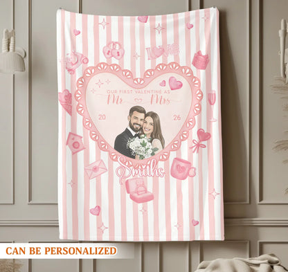 Our First Valentine As Mr and Mrs - Personalized Couple Water Color Style Photo Custom Blanket
