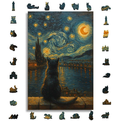 Animal Jigsaw Puzzle > Wooden Jigsaw Puzzle > Jigsaw Puzzle A5 | Small Cat Starry Night - Wooden Jigsaw Puzzle