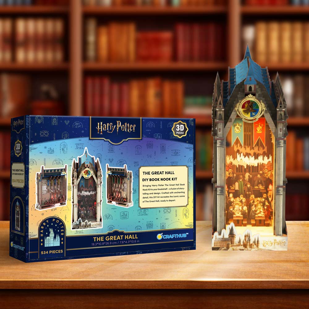 HP Great Hall Book Nook detail showing house banners and floating candles