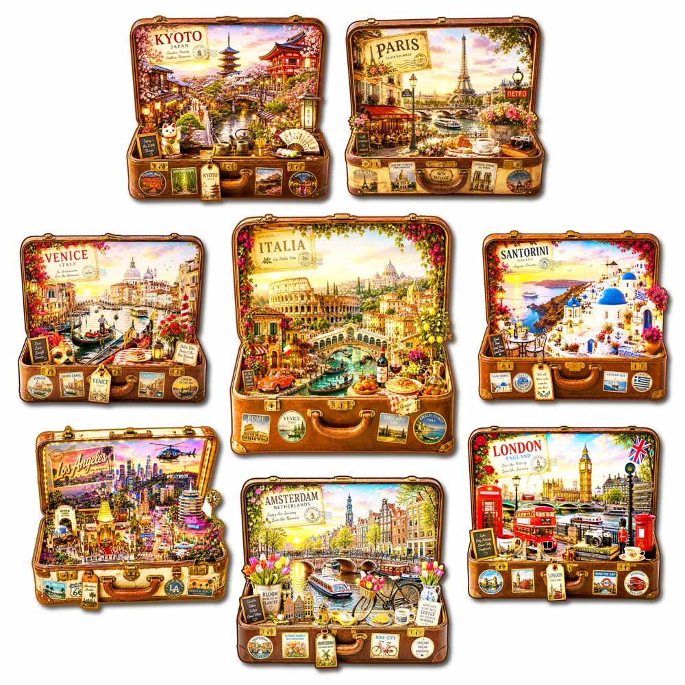 🔥Limited Edition🔥8-Pack World City Travel Case - Wooden Jigsaw Puzzle Set