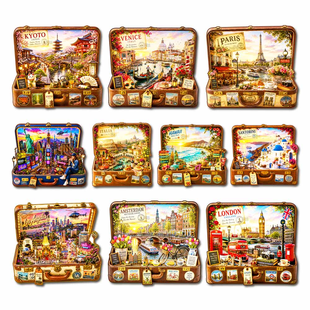 Animal Jigsaw Puzzle > Wooden Jigsaw Puzzle > Jigsaw Puzzle 🔥Limited Edition🔥10-Pack World City Travel Case - Wooden Jigsaw Puzzle Set